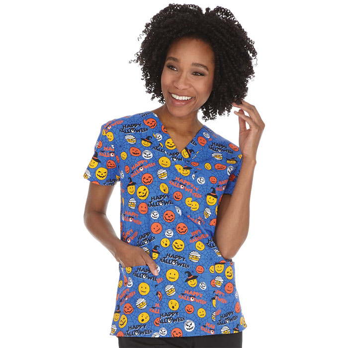 9904-1390 - Ladies 3 Pocket V-Neck Top - Emoji Halloween