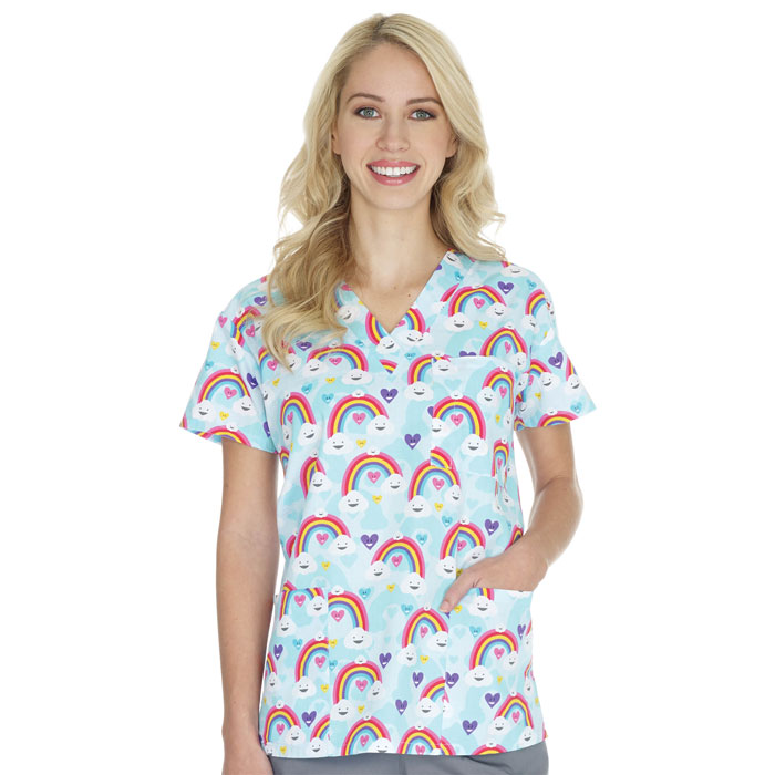 9904-1434 - Ladies 3 Pocket V-Neck Top - Happy Rainbows