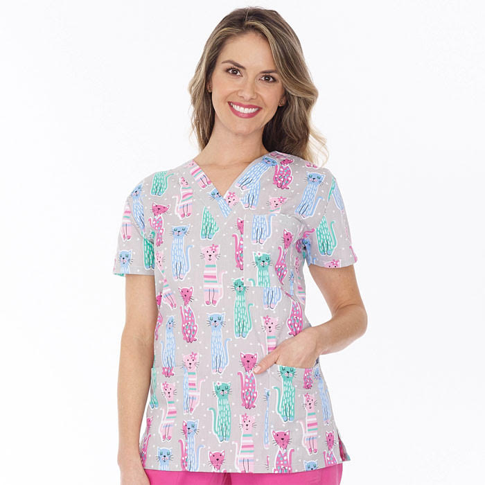 9904-1552 - Ladies 3 Pocket V-Neck Top -  Painted Cats