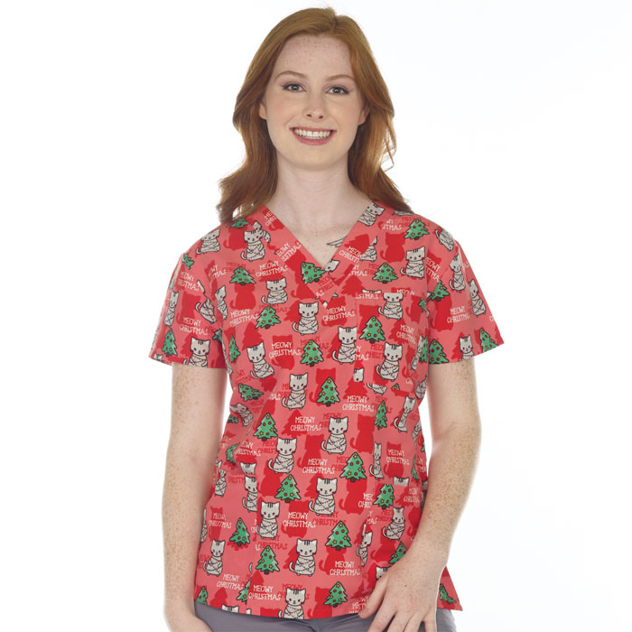 9904-3054M - Ladies 3 Pocket V-Neck Scrub Top - MEOWY CHRISTMAS