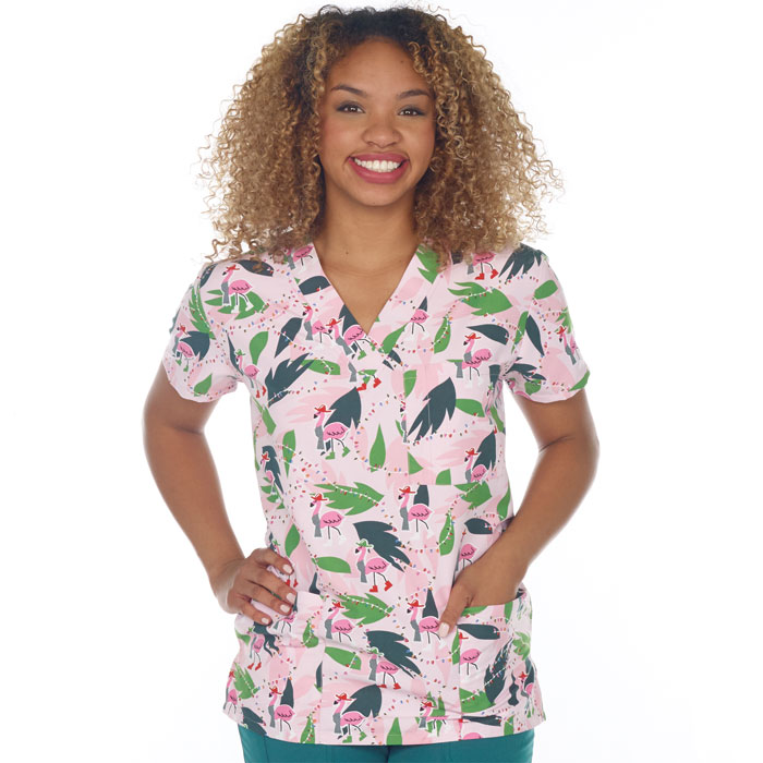 9904-3055M - Ladies 3 Pocket V-Neck Scrub Top - FLAMINGLE BELLS