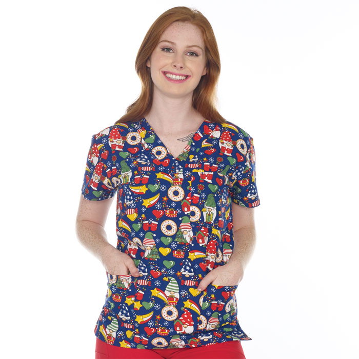 9904-3058M - Ladies 3 Pocket V-Neck Scrub Top - GNOME SWEET GNOME