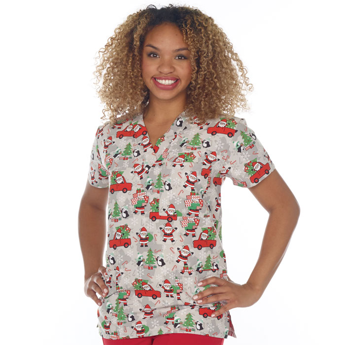 9904-3060M - Ladies 3 Pocket V-Neck Scrub Top - SANTA SHUFFLE