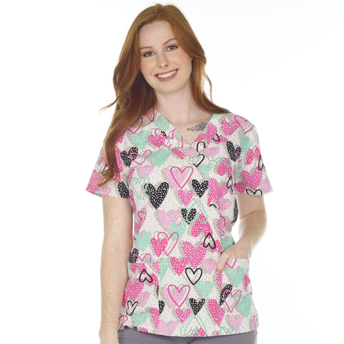 9904-3085M - Ladies 3 Pocket V-Neck Top - LOTS OF HEARTS