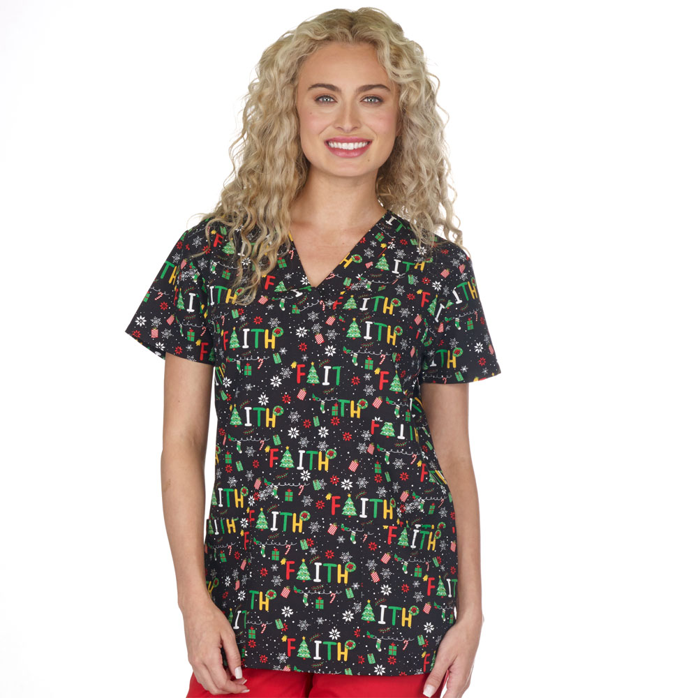 9904-3198M - Ladies 3 Pocket V-Neck Scrub Top - HOLY NIGHT