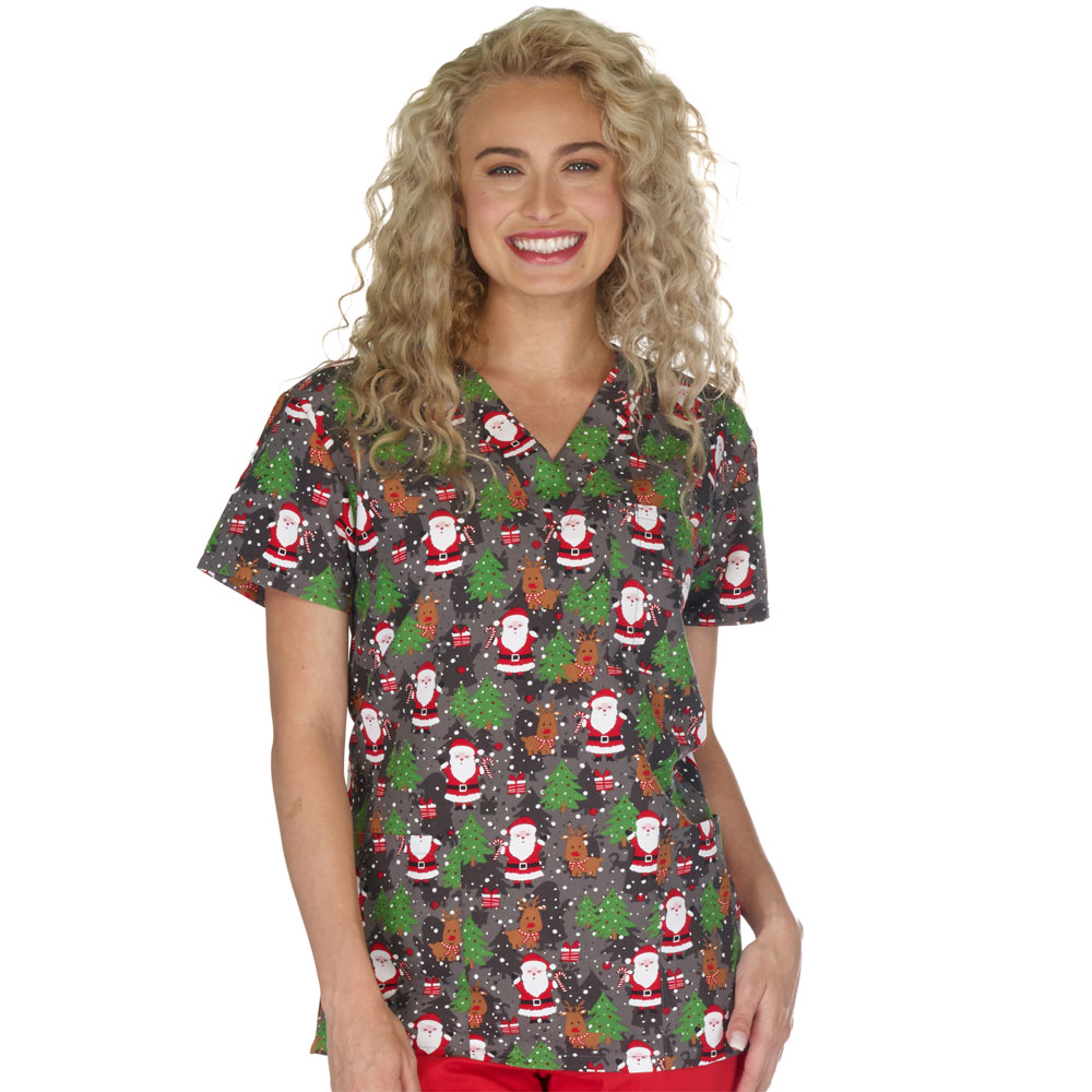 9904-3201M - Ladies 3 Pocket V-Neck Scrub Top - SANTAS REINDEERS