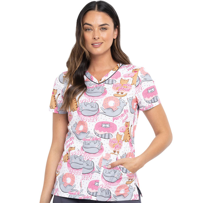 Cherokee Prints - CK646-TRMW - V-Neck Scrub Top - Treats Meow