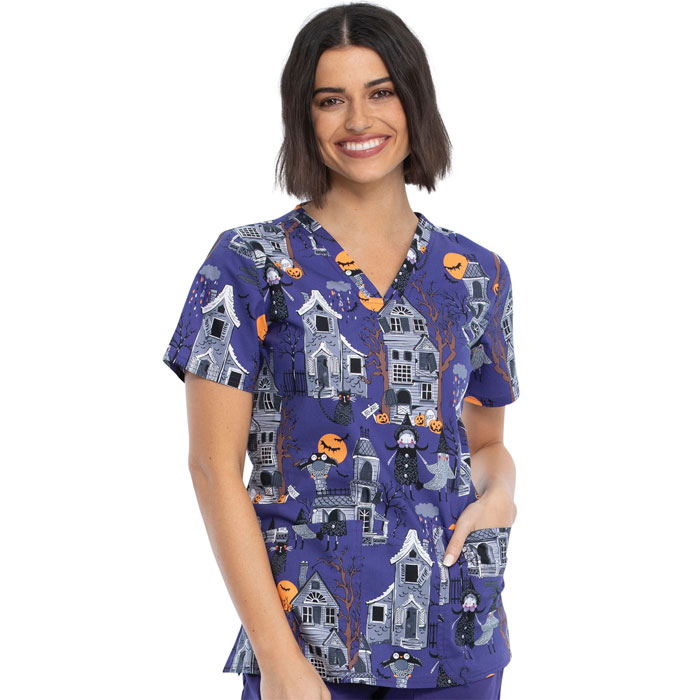 Cherokee Prints - CK651-HAUH - V-Neck Scrub Top - Haunted Halloween