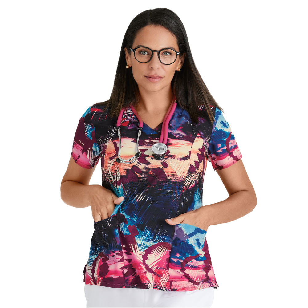 Barco One - 5107-TRSC - Womens 5 Pkt Printed V-Neck Top - TROPICAL SCENTS