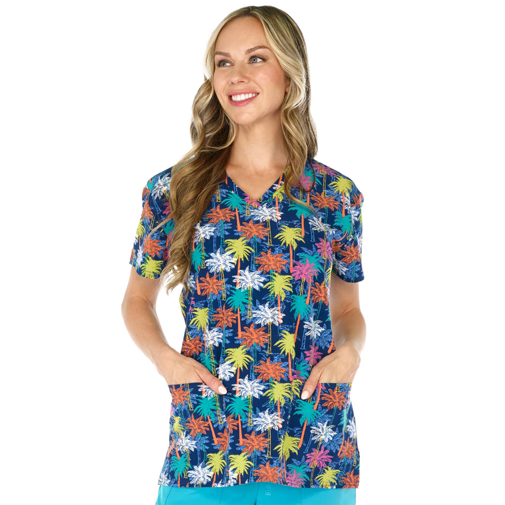 5284-3289S-Ladies-2-Pocket-V-Neck-Top-VIBRANT-PALMS