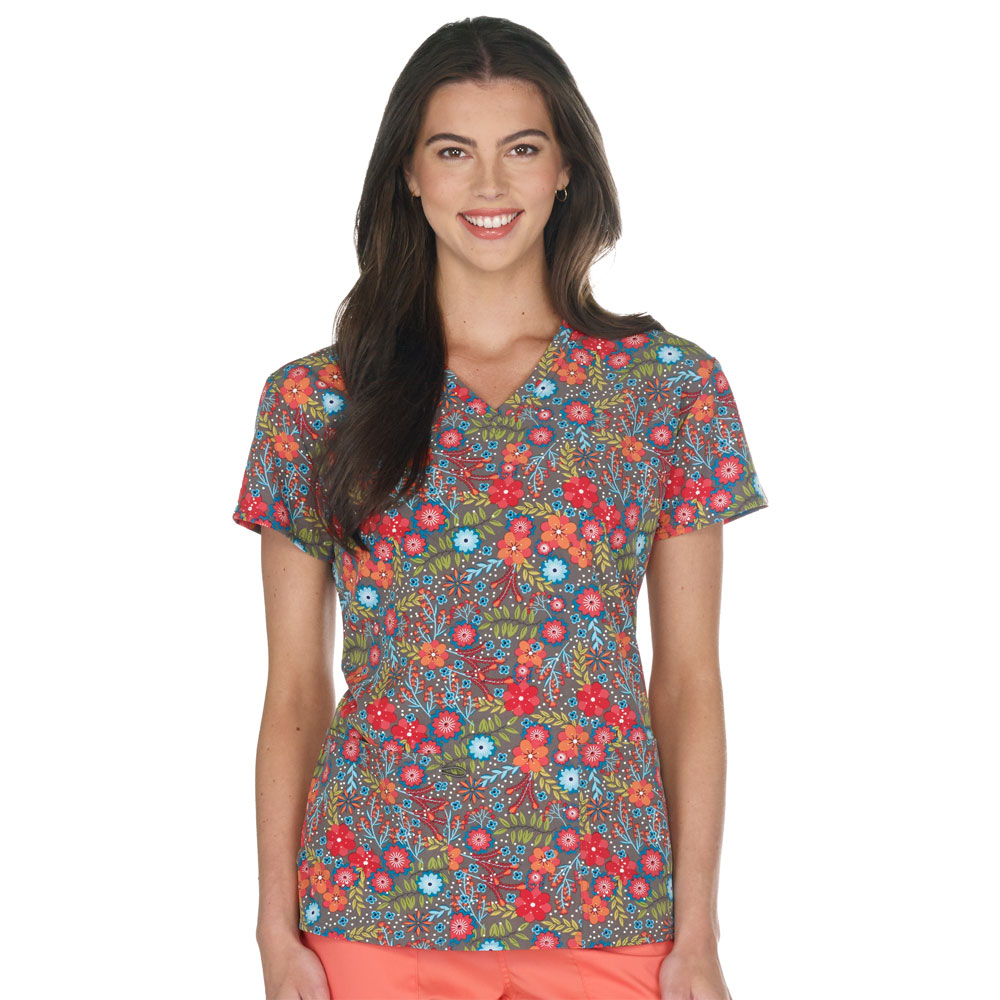 5284-3226S - Ladies 2 Pocket V-Neck Top - FLORAL ARRANGEMENT