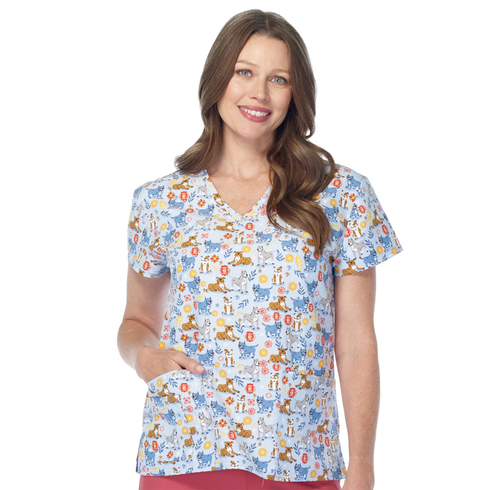 Scrubfinity-5315-3281M-Ladies-V-Neck-2-Pocket-Scrub-Top-PARTY-DOGS