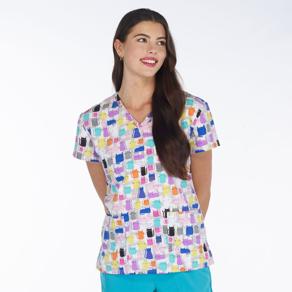 Scrubfinity - 5315-3161M - Ladies V-Neck 2 Pocket Scrub Top - RAINBOW CATS