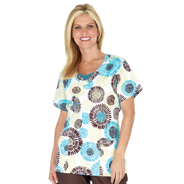 WS Gear - 5814-3531 - Top with Contrast Neck and Back Tie - Pinwheel Print - Flowers - White Swan - Fashion