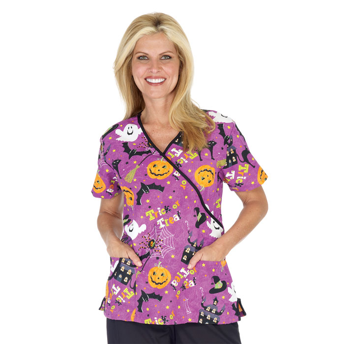 Fundamentals - 5634-3522 - Trick or Treat - Mock Wrap - Holiday - Halloween Scrub Top