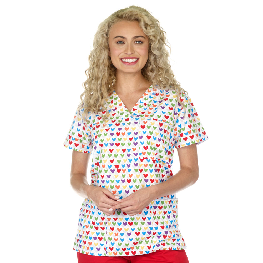 9904-3188M - Ladies 3 Pocket V-Neck Top - RAINBOW HEARTS