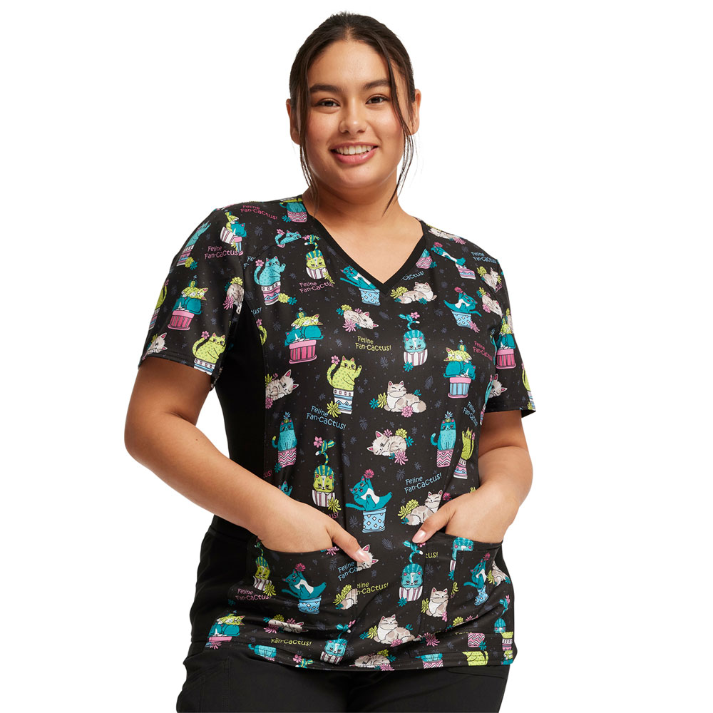 Cherokee-iFlex-CK636-FFNC-V-Neck-Knit-Panel-Scrub-Top-Feline-Fan-cactus