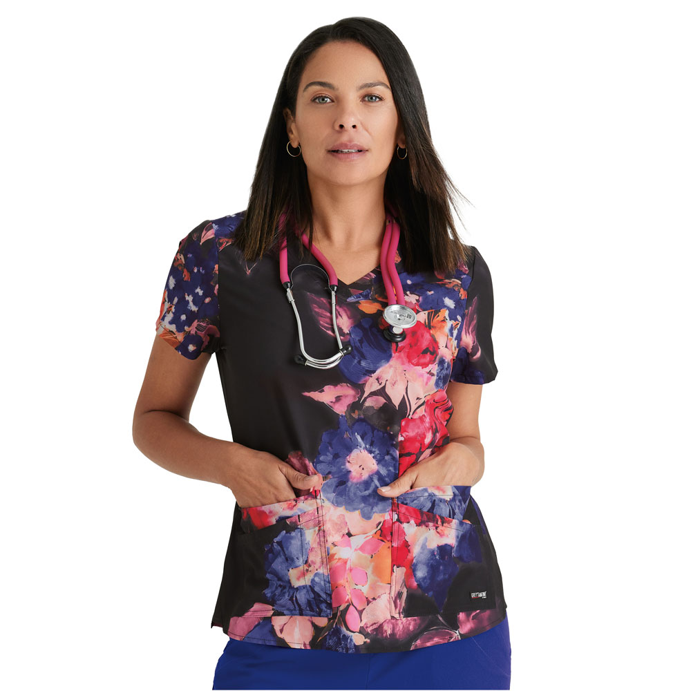 Greys-Anatomy-GRST154-SPGR-Womens-Printed-Scrub-Top-SPRING-GARDEN