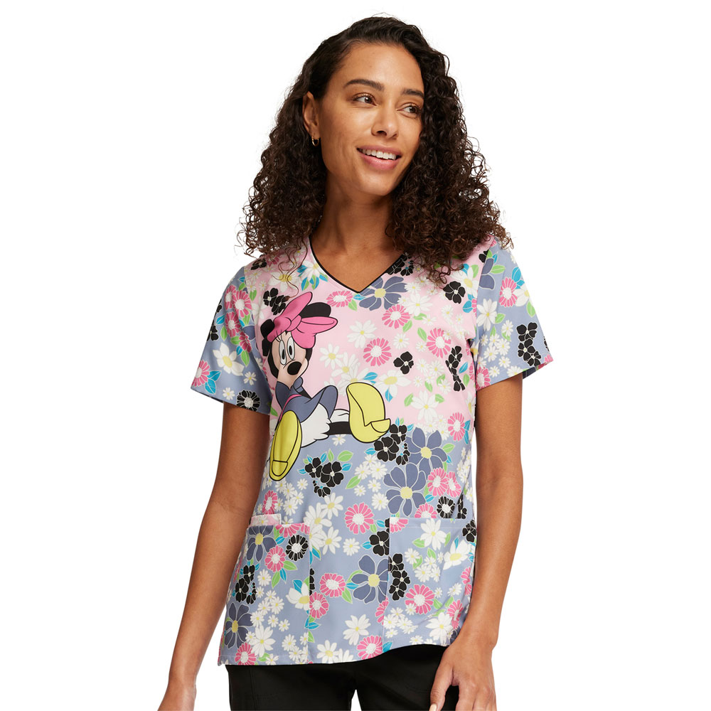 Cherokee Licensed - TF614-MNYN - V-Neck Scrub Top - MANY MINNIE FLOWERS