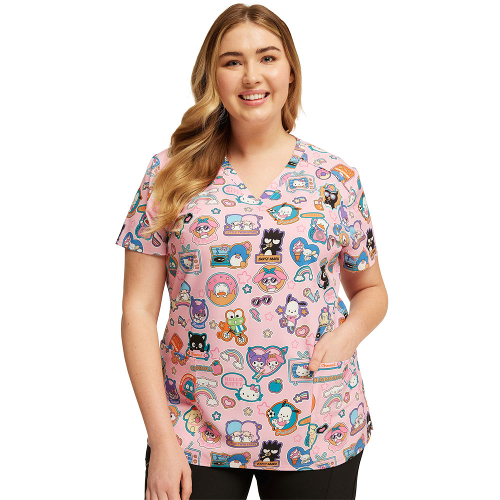 Cherokee Licensed - TF776-HSKP - V-Neck Scrub Top - SUPERCUTE STICKERS