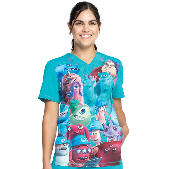 Cherokee Licensed - TF714-MCPY - V-Neck Scrub Top - Monsters Party