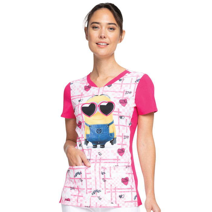 Cherokee Licensed - TF757-DPSM - V-Neck Scrub Top - Smitten Minion